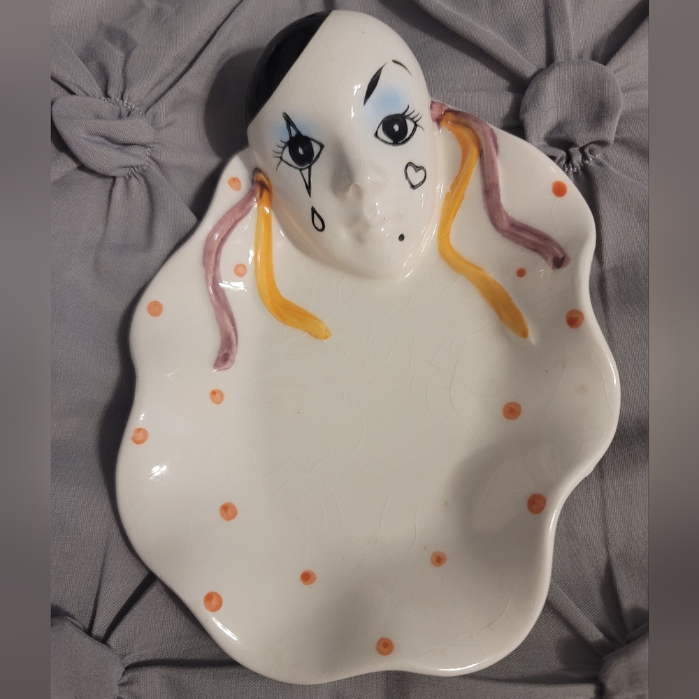 Pierrot Clown Mime Trinket Dish Vintage Japan With Crazing